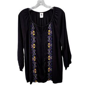 Spade & Heart Peasant Tunic Top L Women Black Embroidered Boho Southwestern